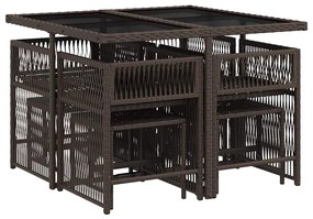 9 pcs conjunto jantar p/ jardim c/ almofadões vime PE castanho