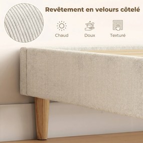 Estrutura de Cama de Casal, 191 x 142 x 31 cm (COLCHÃO NÃO INCLUIDO), Estofada em Veludo Cotelê, Creme