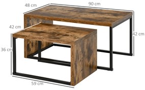 Conjunto de 2 Mesas de Centro Mesinhas de Café com Pés de Metal Estilo Industrial para Sala de Estar Sala de Jantar 90x48x42cm e 59x42x36cm Marrom Rús