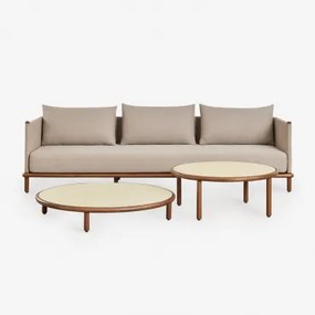 Conjunto De Sala Com Sofá De 3 Lugares E 2 Mesas De Centro Redondas Em Madeira De Acácia Olivia Beige Semoline & Castanho-acácia Escuro - Sklum