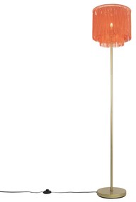 Candeeiro de pé oriental dourado com cúpula cor-de-rosa com franjas - Franxa Oriental