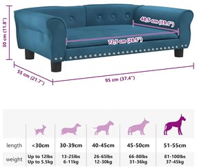 Cama para cães 95x55x30 cm veludo azul