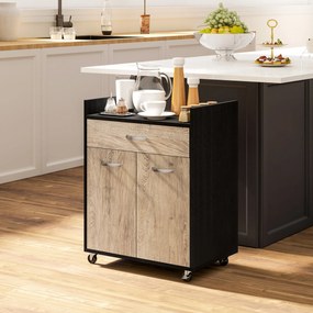 Carrinho de serviço de cozinha com rodas 60 L x 40 P x 77 A cm, gaveta, armário de duas portas e prateleira em madeira cinzenta com efeito de madeira,