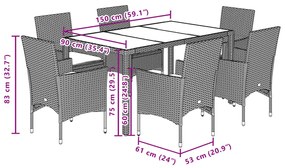 7 pcs conjunto jantar jardim c/ almofadões vime PE/acácia cinza