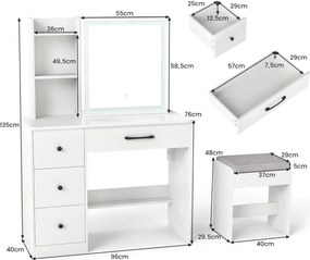 Toucador com espelho 96 x 40 x 135 cm e luzes e banco com 4 gavetas e prateleiras de armazenamento com luz ajustável Branco