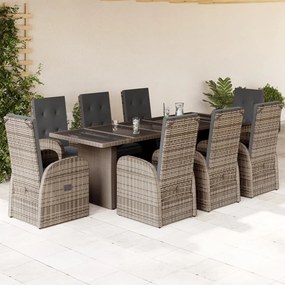 vidaXL 9 pcs conjunto de jantar p/ jardim c/ almofadões vime PE cinza