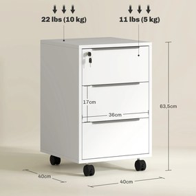 Bloco de Gavetas Móvel de Escritório com 3 Gavetas Fechadura Rodas e Travão para Documentos 40x40x63,5 cm Branco