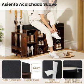 Banco sapateira 30 x 110 x 52,5 cm com suporte para guarda-chuvas, 10 compartimentos, assento acolchoado e prateleiras ajustáveis, Café