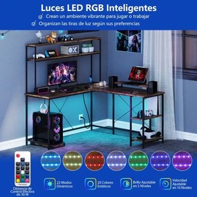 Secretária 145 x 145 x 147 cm em forma de L convertível com tomadas e portas USB e iluminação inteligente castanha