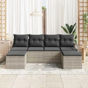 Conjunto de sofá de jardim com 6 peças, almofadas cinza claro em ratta