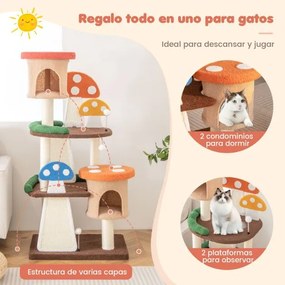 Arranhador para gatos Torre 4 em 1 com 2 Casas Postes de Sisal Envolvidos em Sisal Bolas Interactivas Multicoloridos