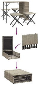 5 pcs conjunto de jantar p/ jardim dobrável vime PE cinza-claro