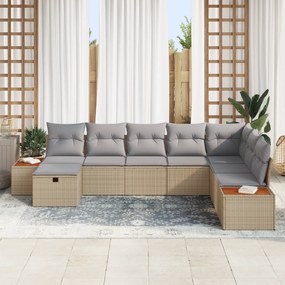 Conjunto de Sofá de Jardim com Almofadas Bege Vime Poliéster