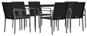 7 pcs conjunto de jantar p/ jardim c/ almofadões vime PE e aço