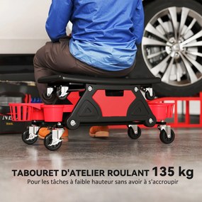 Banco de oficina móvel com capacidade para 135 kg, banco de mecânico com rodas e rotação de 360°, com prateleiras, 86 x 33 x 33 cm, vermelho