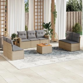 8 pcs conj. sofás jardim c/ almofadões vime PE bege misturado
