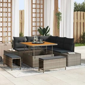 Conjunto de Sofá de Jardim vidaXL de 8 Peças com Almofadas Cinza Vime Poli Acácia