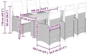 7 pcs conjunto bistrô de jardim c/ almofadões vime PE cinza