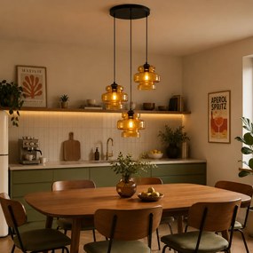 Candeeiro suspenso retro preto com vidro laranja 3 luzes - Denise