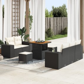 Conjunto de Sofá Jardim de 8 Peças com Almofadas Rattan Preto e Acácia