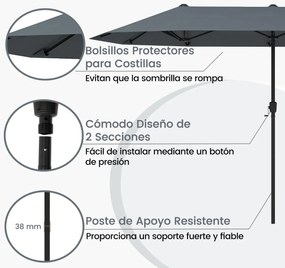 Guarda-sol de 392 cm com dupla face, grande, tamanho duplo, com manivela e 12 varas resistentes para jardim Cinzento