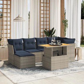 7 pcs conjunto sofás p/ jardim c/ almofadões vime PE cinzento