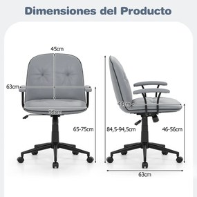 Cadeira de escritório ajustável para casa com função de balanço, braços acolchoados e rodas suaves, cinza