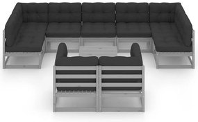 10pcs conjunto lounge de jardim + almofadões pinho maciço cinza