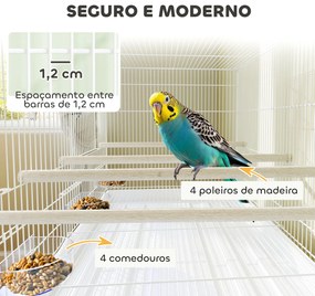 Gaiola para Pássaros com Divisória Rodas Gaiola para Aves com Comedouros Poleiros e Bandeja Removível 76x46x116 cm Branco
