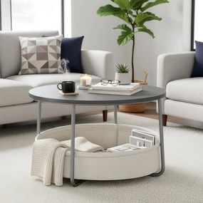 Mesa de centro redonda com cesto em tecido 75 cm de diâmetro e 45 cm de altura cinza cimento-branco creme