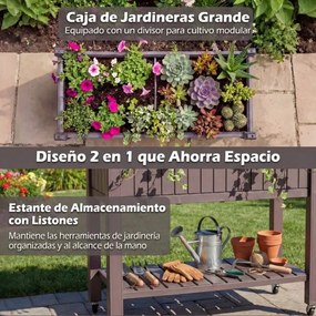 Floreira de jardim elevada Plastico 108 x 44 x 88,5 cm com rodas divisível com monitor de água, orifício de drenagem, prateleira para legumes e ervas,