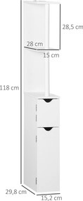 Coluna Casa de Banho com 2 Portas e 2 Prateleiras Armário Alto para Casa de Banho Estilo Moderno 15,2x29,8x118cm Branco