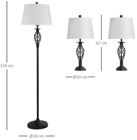 Conjunto de 2 Candeeiros de Mesa e Candeeiro de Pé com Ecrã de Tecido E27 Máx. 40W IP20 e Interruptor de Pé Candeeiros para Sala de Estar Dormitório Ø