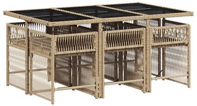 7 pcs conj. jantar jardim c/ almofadões vime PE bege misturado