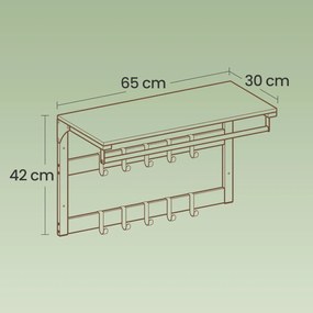 Cabide de parede com prateleira e 10 ganchos removíveis 30 x 65 x 42 cm cinza + preto