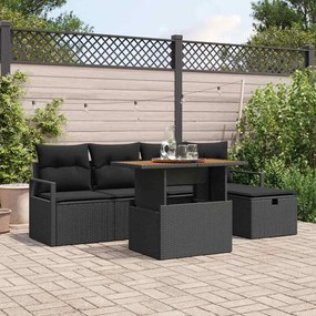 Conjunto de Sofá de Jardim vidaXL de 6 Peças com Almofadas Preto Rattan Poliéster