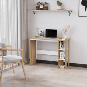 Secretária de escritório para computador,  100 x 44 x 74 cm, com 3 prateleiras laterais em madeira, cor carvalho claro e branco