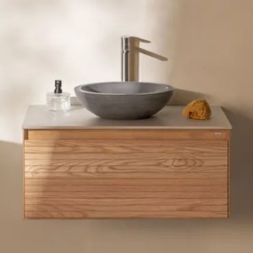 Conjunto De Móvel De Casa De Banho Suspenso 80x50 Cm Em Madeira De Freixo Tedrik Castanho Fresno & Cimento Cinzento Redondo Ø40 Cm Tarsis - Sklum