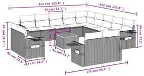 14 pcs conjunto sofás p/ jardim c/ almofadões vime PE cinzento