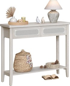 Mesa de console VASAGLE, mesa de sofá, mesa de entrada estreita, mesa de entrada com 2 gavetas, prateleira de armazenamento aberta, cantos arredondados, para sala de estar, estilo boho, bege aveia ULNT016K66