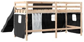 Cama alta criança c/ cortina 80x200cm pinho maciço branco/preto