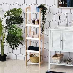 Estante de casa de banho em bambu, modelo vertical, com 3 cestos + 2 prateleiras, 32 x 30 x 130 cm, bege e branco