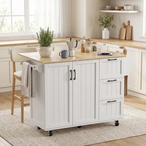 Ilha de Cozinha 134,5x75,2x90,5 cm com Tampo Extensível Estação de Carregamento Rodas 2 Portas 3 Gavetas Suporte para Especiarias e Barra para Toalhas
