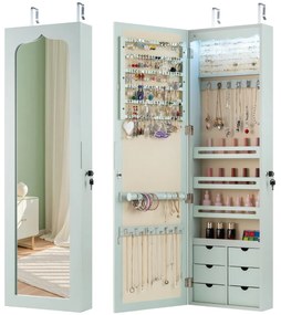 Armário para joias com espelho, iluminação LED 36,5 x 11,5 x 120 cm, fechadura para montar na porta e na parede, Verde