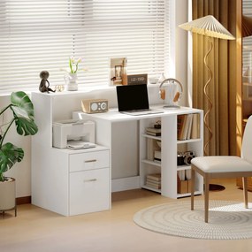 Secretária para computador, secretária com arrumação, 2 gavetas, prateleiras abertas e prateleira para impressora, 137x55x92 cm, branco