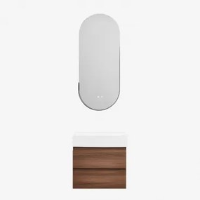 Conjunto De Móvel De Casa De Banho Em Madeira E Chapa De Freixo Com Lavatório Integrado Ona Madeira Escura & Ovalado Led E - Sklum