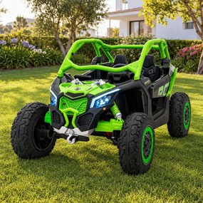 Carro elétrico para Crianças 2 Lugares 24V CAM-AM Buggy Maverick Turbo RR STRONG Motor 320 W, Rodas AR bombeado, assento couro ecológico Verde