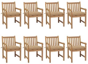 vidaXL Cadeiras de jardim c/ almofadões bege 8 pcs teca maciça