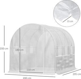 Estufa de jardim tipo túnel com 6 m², 295 x 200 x 200 cm 6 janelas, porta enrolável, lona de PE e estrutura em aço galvanizado branco
