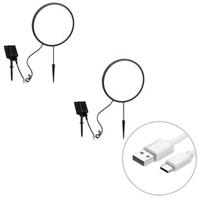 Conjunto de 2 postes de iluminação pretos de 60cm com LED recarregável e solar IP65 - Adalind
